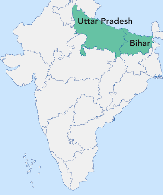 Map of the states of India. Uttar Pradesh and Bihar are shaded in light green.