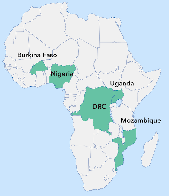 Map of Africa highlighting Ghana, Kenya, Malawi